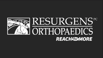 Grey logo with white text: Resurgens Orthopaedics–Reach for More. Image of a man throwing a discus.