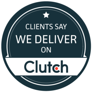Navy blue circle with white text that reads, "Clients say we deliver on Clutch".