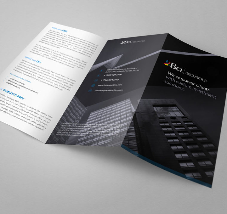 A BCI Securities brochure. The slogan says "We empower clients with custom investment solutions".