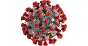 Image rendering of COVID-19 virus. It is dark grey with red and orange spikes.
