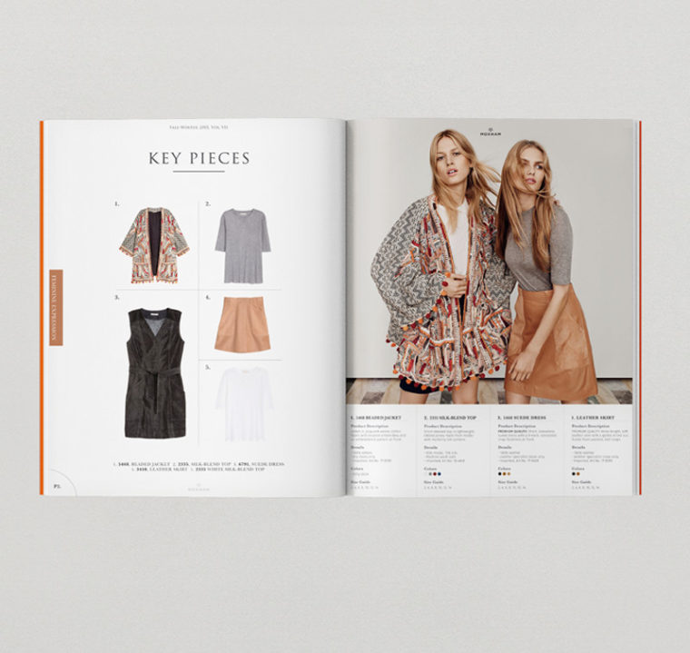 Forever 21 catalog. Two models in earth-tone outfits, which are in a flatlay on the opposite page.