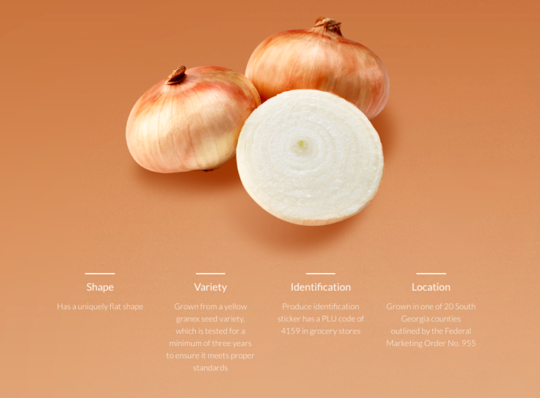 Vidalia Onions webpage. It outlines the shape, variety, ID, and location of this kind of onion.