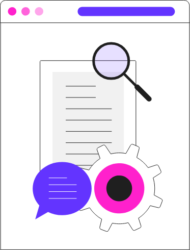 Image of a webpage with a magnifying glass, blue text bubble, and a white, pink, and black gear.