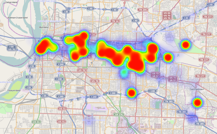 A heatmap of digital marketing agencies in Memphis.