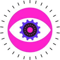 An image of an eye with a gear in the iris. The image is pink, purple, black, and blue.