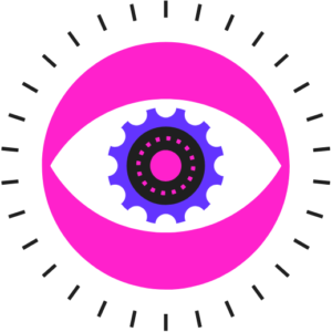 An image of an eye with a gear in the iris. The image is pink, purple, black, and blue.