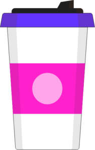 A disposable coffee cup with blue and black lid, white body, & pink label with a light pink circle.