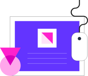 A monitor displays a pink square. On one side is a mouse, and the other is a circle and triangle.