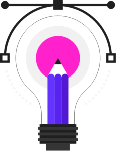 Image of a blue pencil in a lightbulb. A pink circle comes out of the tip.