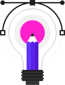 Image of a blue pencil in a lightbulb. A pink circle comes out of the tip.