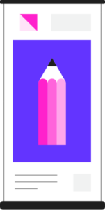 A webpage with a pink pencil on a blue panel.