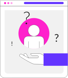 Webpage. An outstretched hand under a person in a pink circle with ? & ! symbols floating around it.