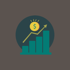 Image of a teal bar graph and yellow line chart. A $ floats in a yellow circle above them.