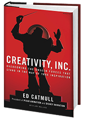 Book cover for Creativity, Inc. There is a silhouette of Buzz Lightyear conducting music.