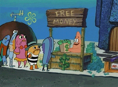 GIF from Spongebob. Patrick gives aways boxes of free cash to a long line of fish.