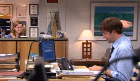 GIF of Pam and Jim from the Office, air-fiving each other.