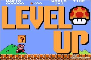 Screenshot of Super Mario game with large letters that say "LEVEL UP".