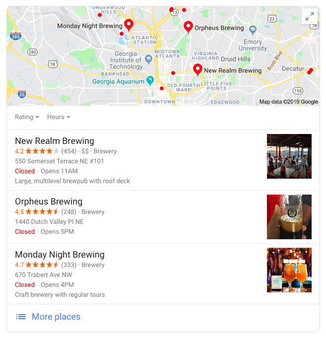 Screenshot of Google search results. There is a map and a list of breweries in the area.