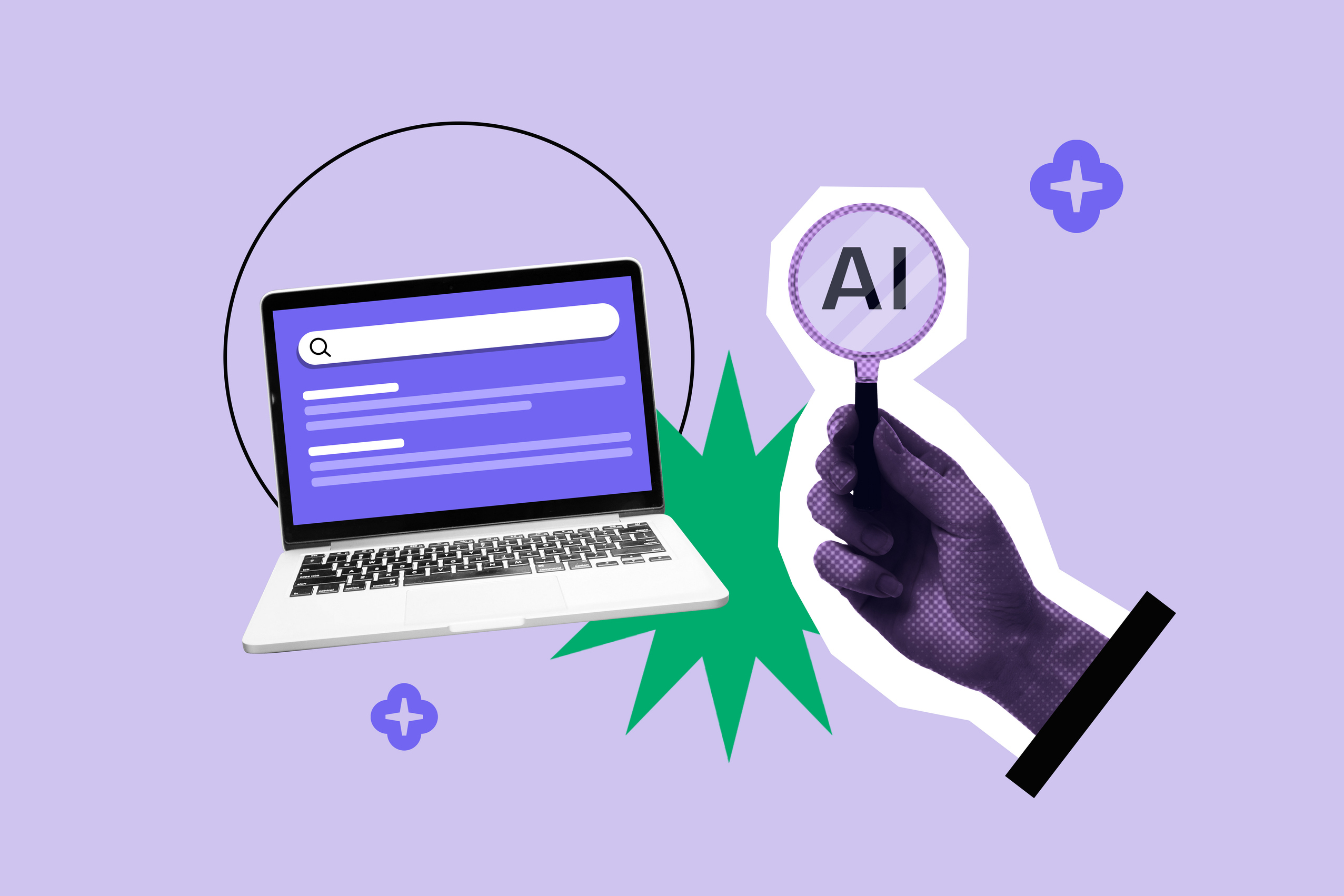 Ai Search Collage With Laptop And Magnifying Glass In A Hand