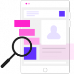 Landing-page-audit-300×300 An image of a floating webpage, with a magnifying glass floating in front of it.