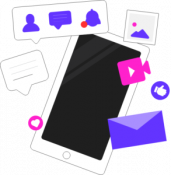 Social-Media-293×300 Image of a smartphone with images, texts, letters, likes, notifications, and video icons.