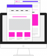 Web-Design-253×300 An image of a pencil and sheets of paper. The image is pink, purple, black, and blue.