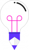 A lightbulb with a pink filament. The bottom of the lightbulb is blue and pointed.
